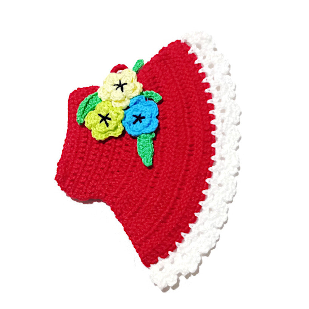 Presina cappello rosso con fiori colorati ad uncinetto 12.5x18 cm