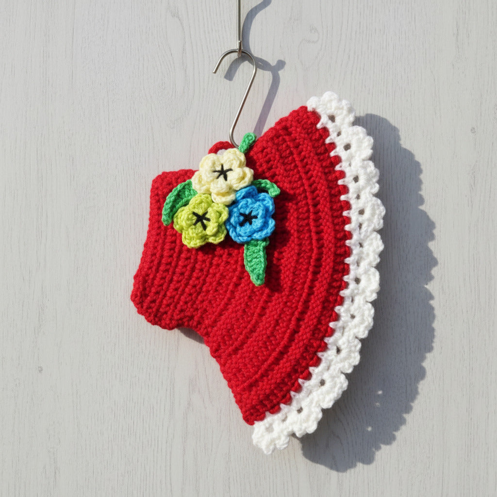 Presina cappello rosso con fiori colorati ad uncinetto 12.5x18 cm