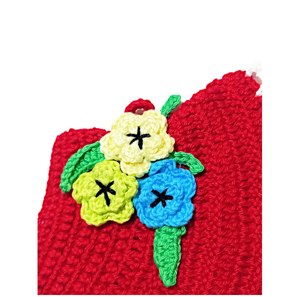 Presina cappello rosso con fiori colorati ad uncinetto 12.5x18 cm