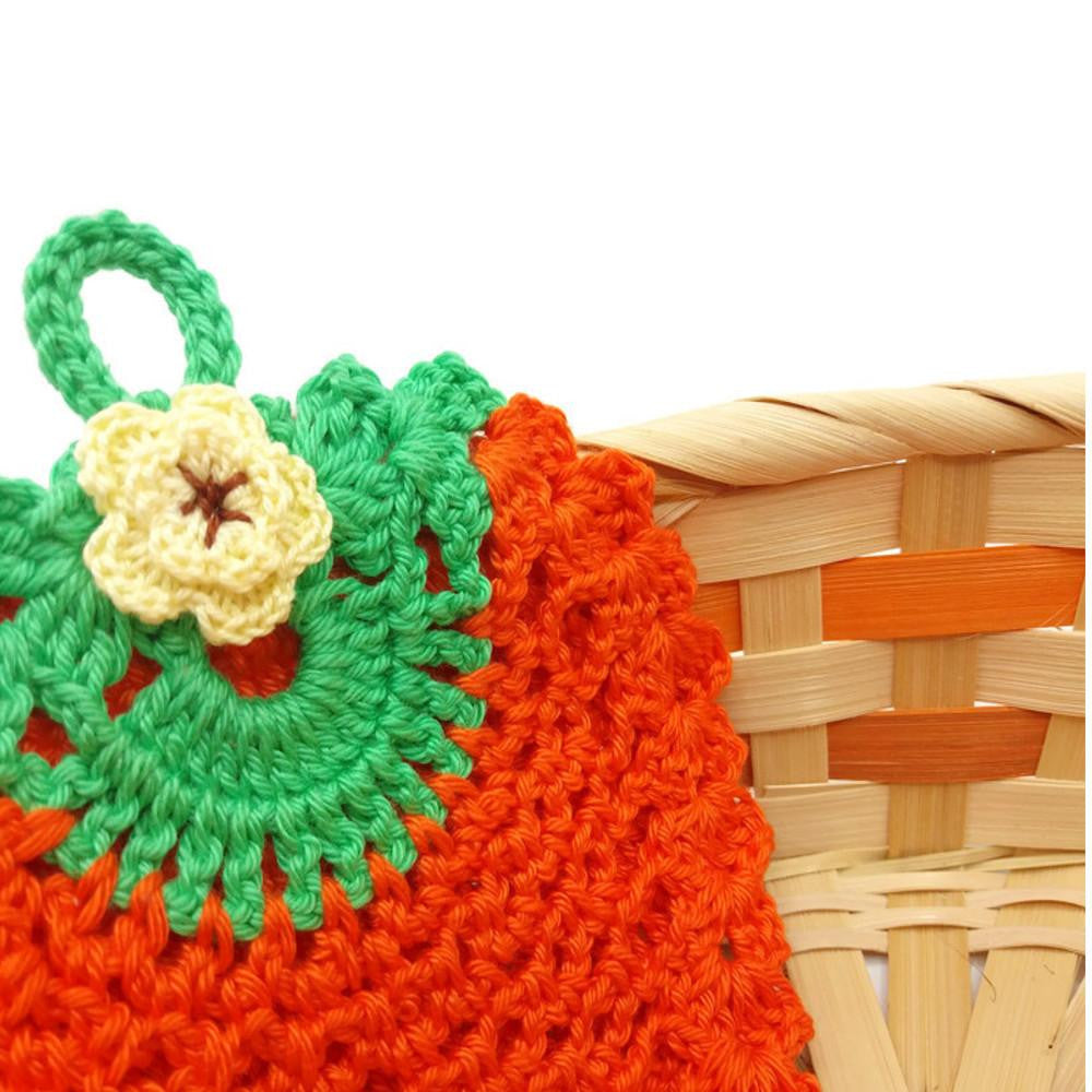 Presina carota arancione e verde ad uncinetto 12.5x16 cm
