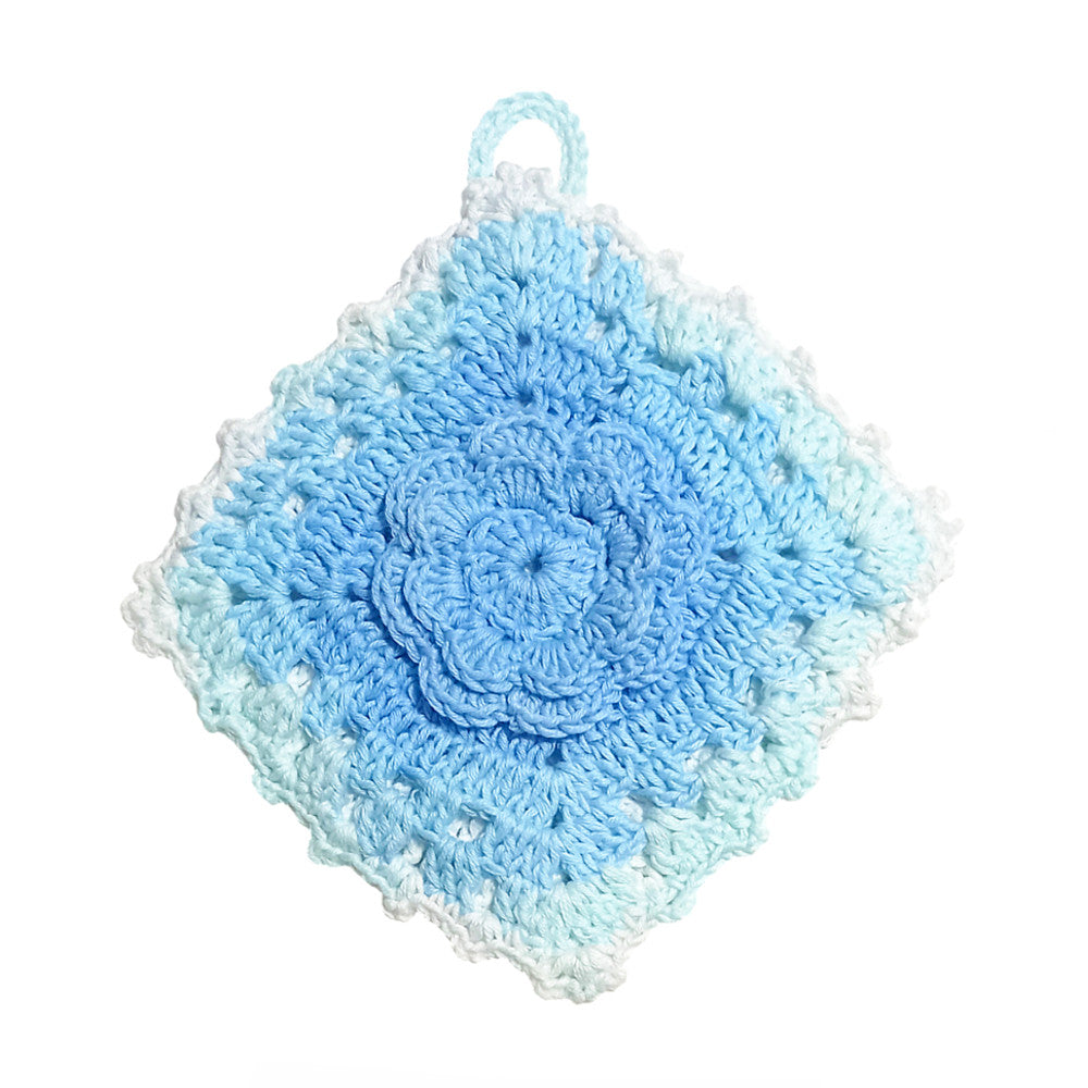 Presina celeste quadrata con fiore ad uncinetto in cotone 15x17 cm