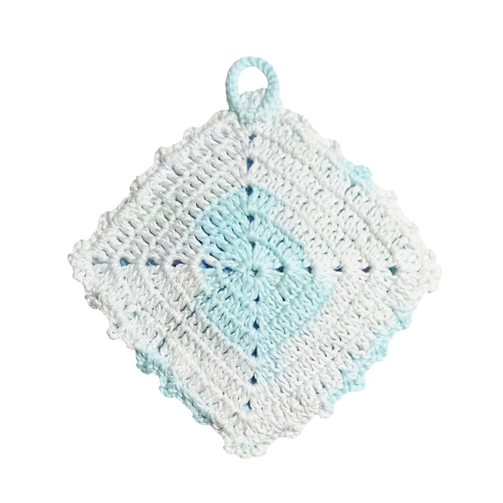 Presina celeste quadrata con fiore ad uncinetto in cotone 15x17 cm