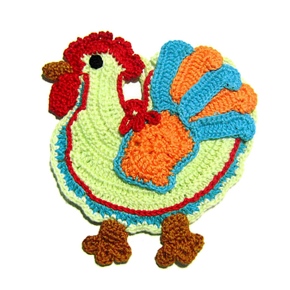 Presina colorata a forma di gallo ad uncinetto 14.5x16 cm