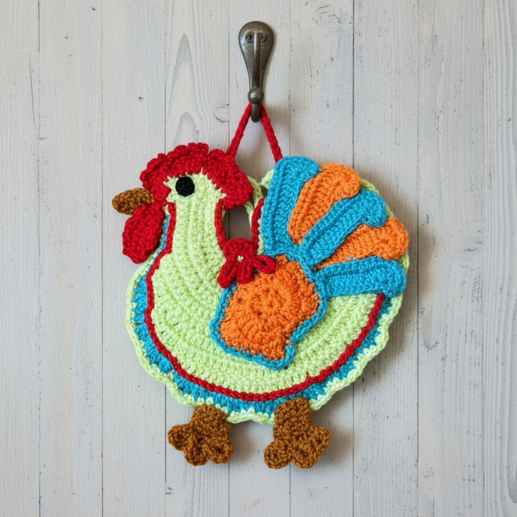 Presina colorata a forma di gallo ad uncinetto 14.5x16 cm