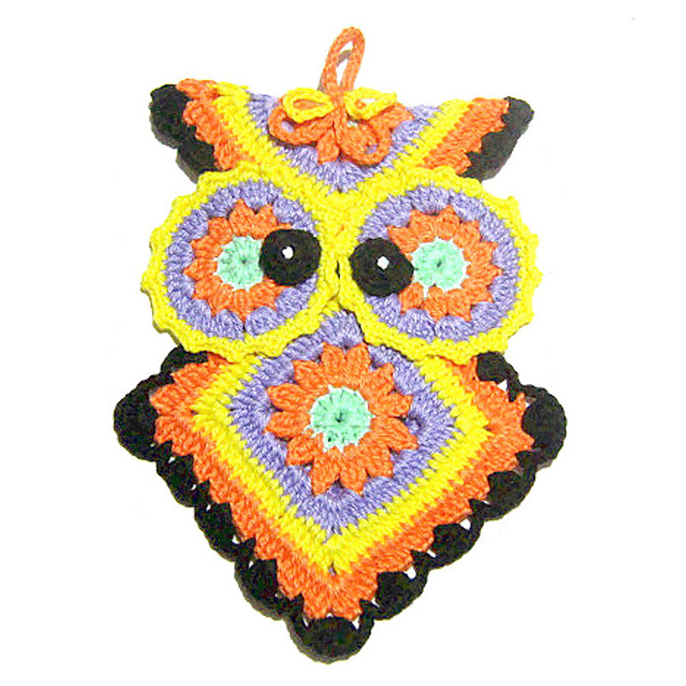 Presina colorata a forma di gufetto ad uncinetto 14x20 cm