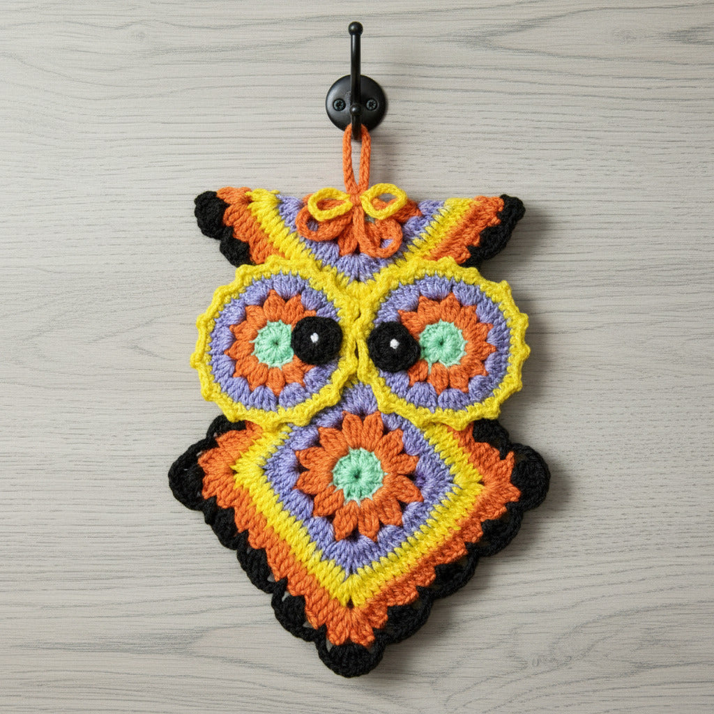 Presina colorata a forma di gufetto ad uncinetto 14x20 cm