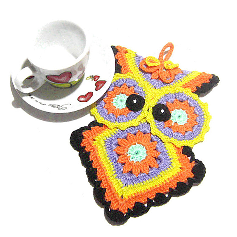 Presina colorata a forma di gufetto ad uncinetto 14x20 cm