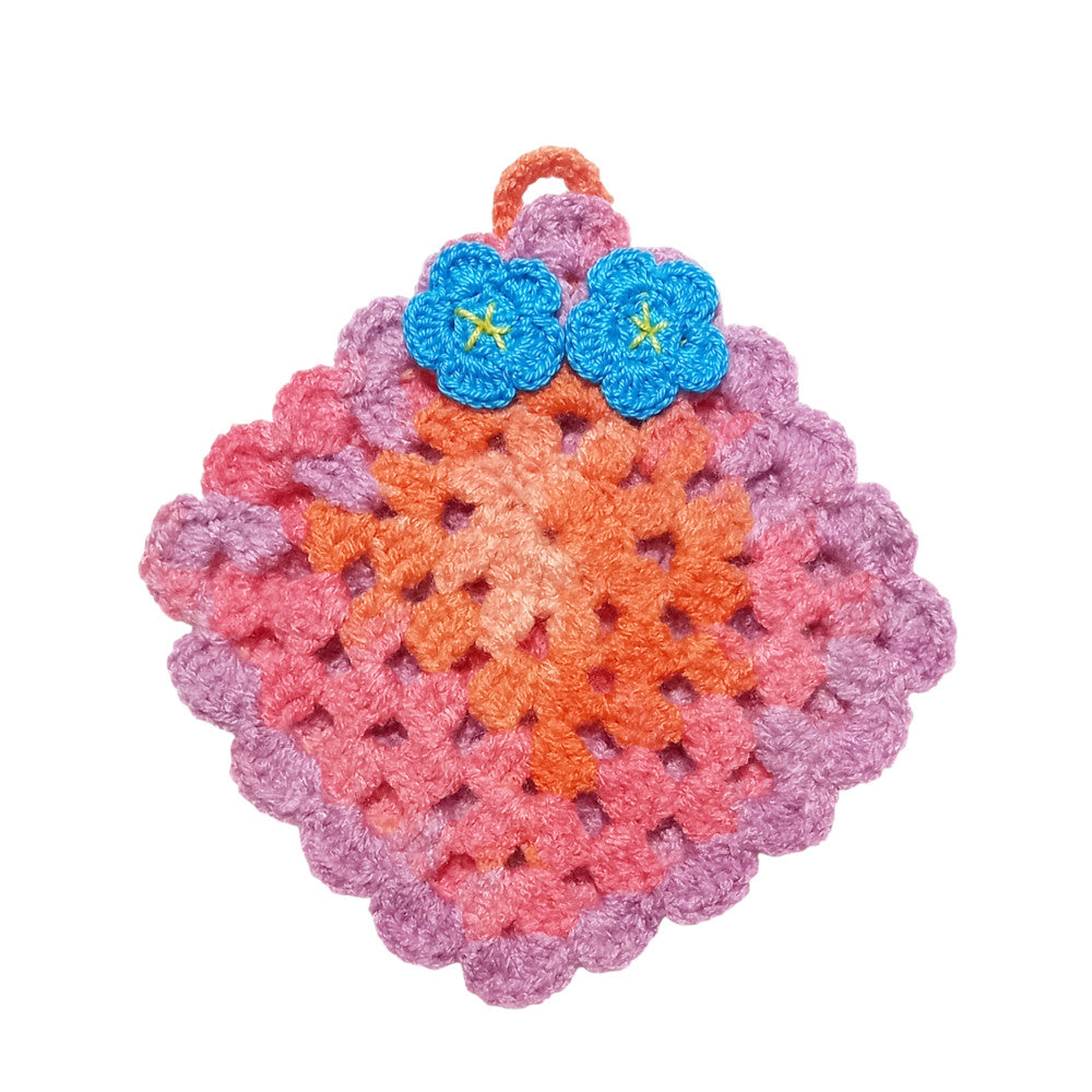 Presina colorata con fiori turchesi ad uncinetto 14x15 cm