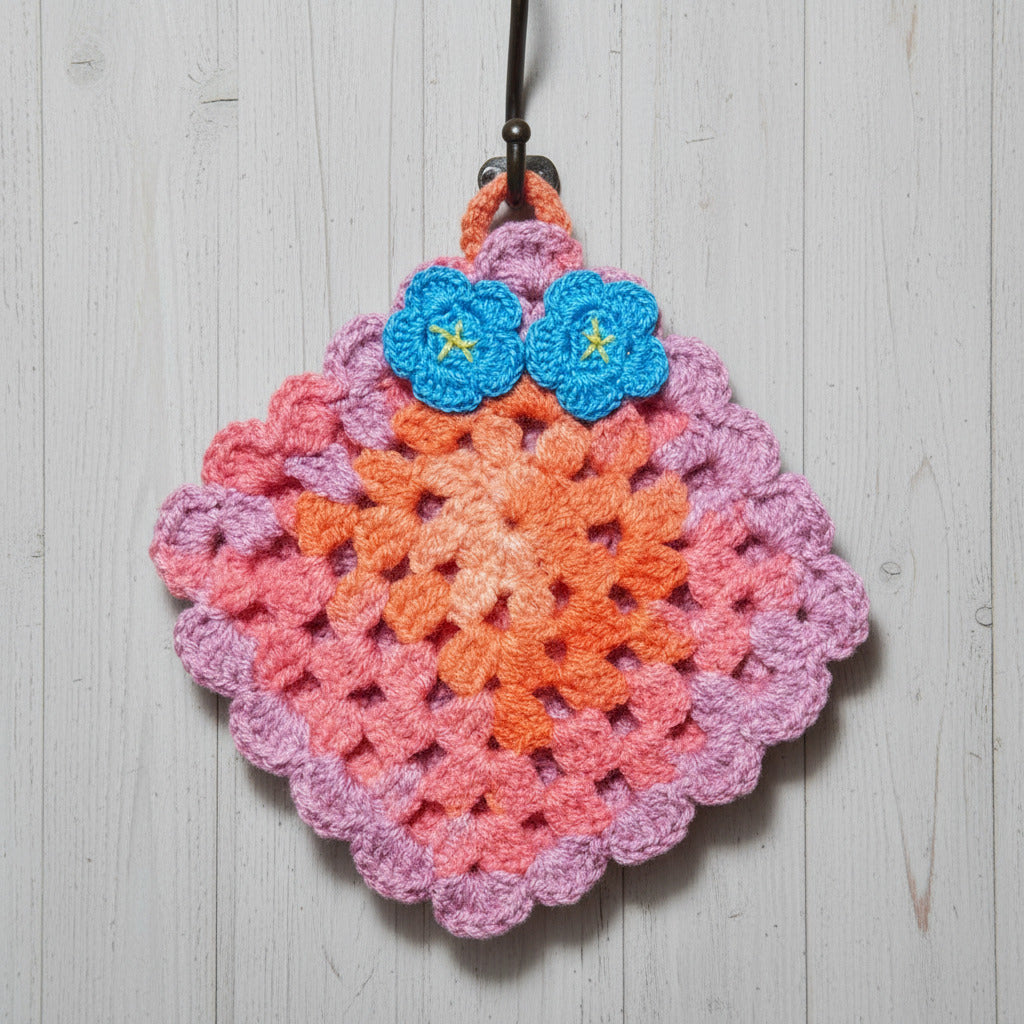 Presina colorata con fiori turchesi ad uncinetto 14x15 cm