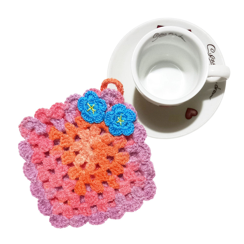 Presina colorata con fiori turchesi ad uncinetto 14x15 cm