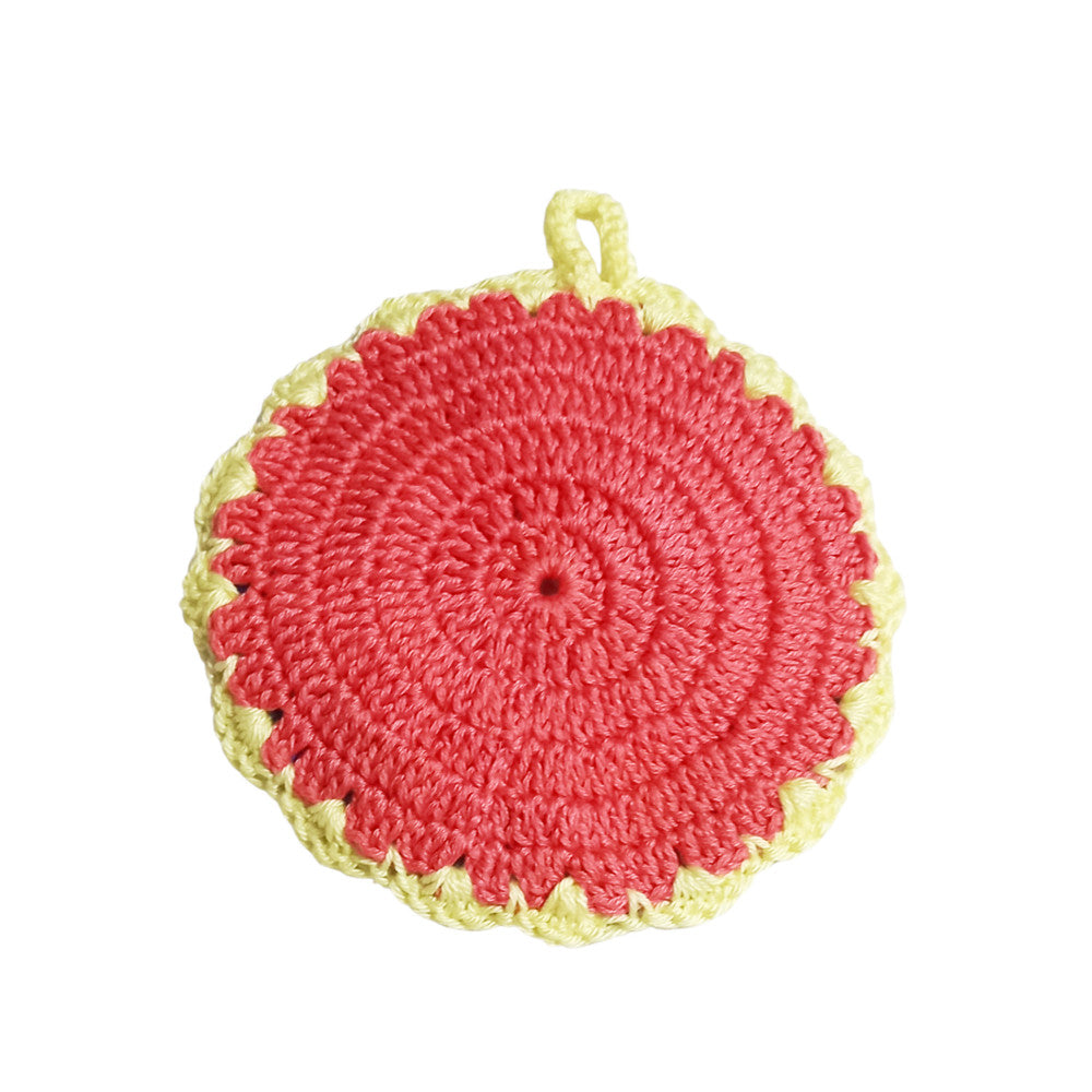 Presina colorata rotonda con fiore rosa ad uncinetto 14 cm