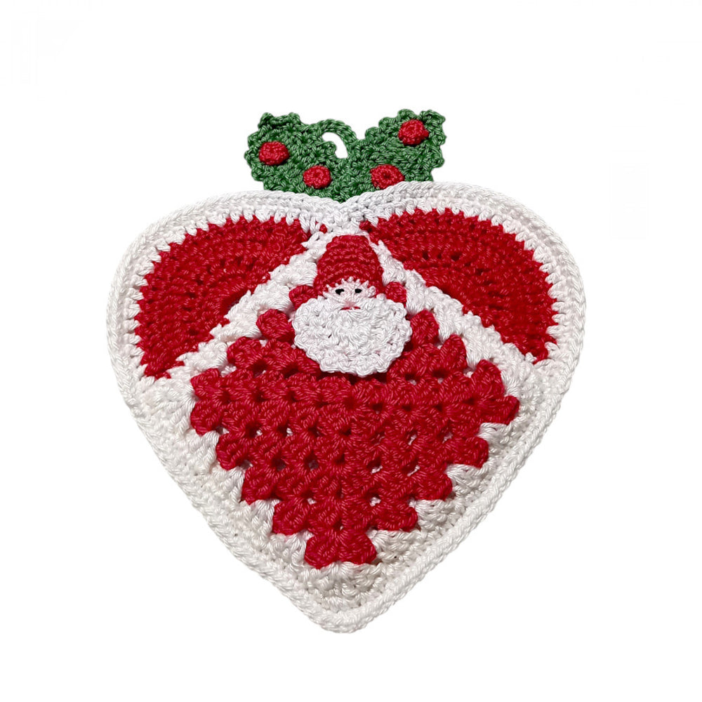 Presina cuore bianca e rossa con Babbo Natale ad uncinetto 17x19.5 cm