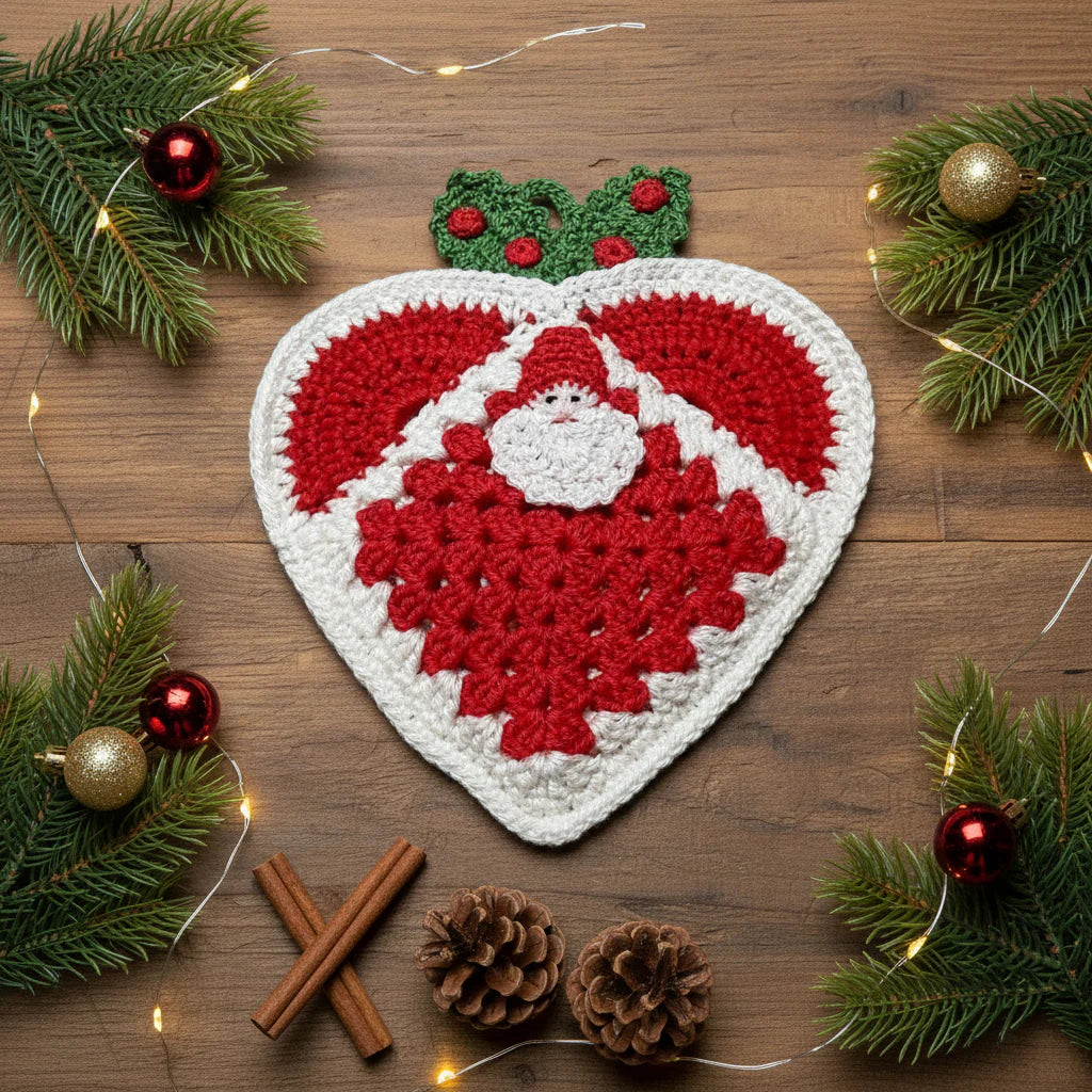 Presina cuore bianca e rossa con Babbo Natale ad uncinetto 17x19.5 cm