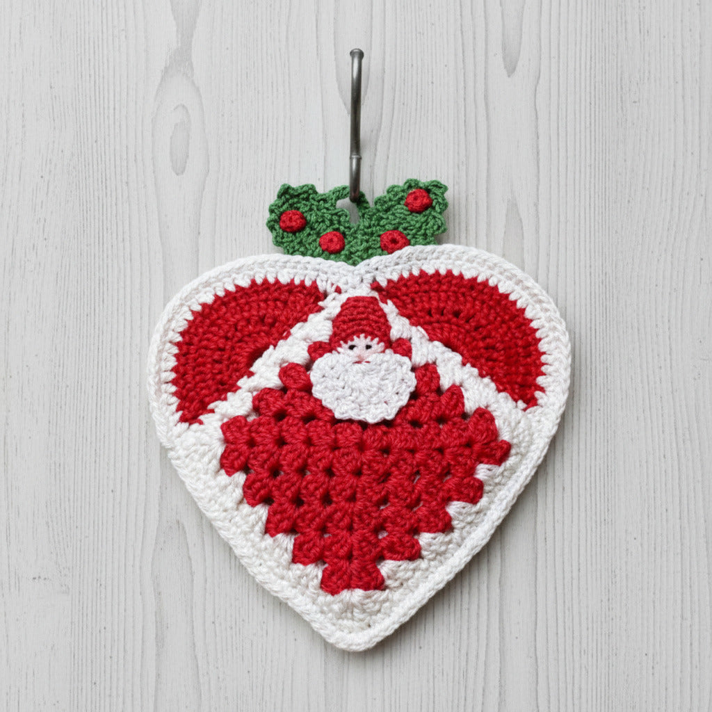 Presina cuore bianca e rossa con Babbo Natale ad uncinetto 17x19.5 cm