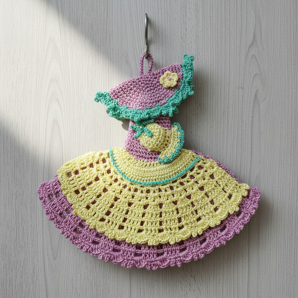 Presina damina lilla e giallo pallido ad uncinetto 18x17 cm