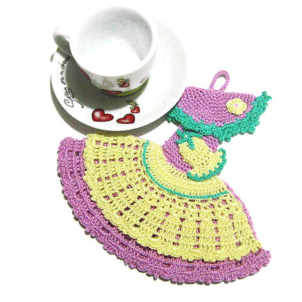 Presina damina lilla e giallo pallido ad uncinetto 18x17 cm