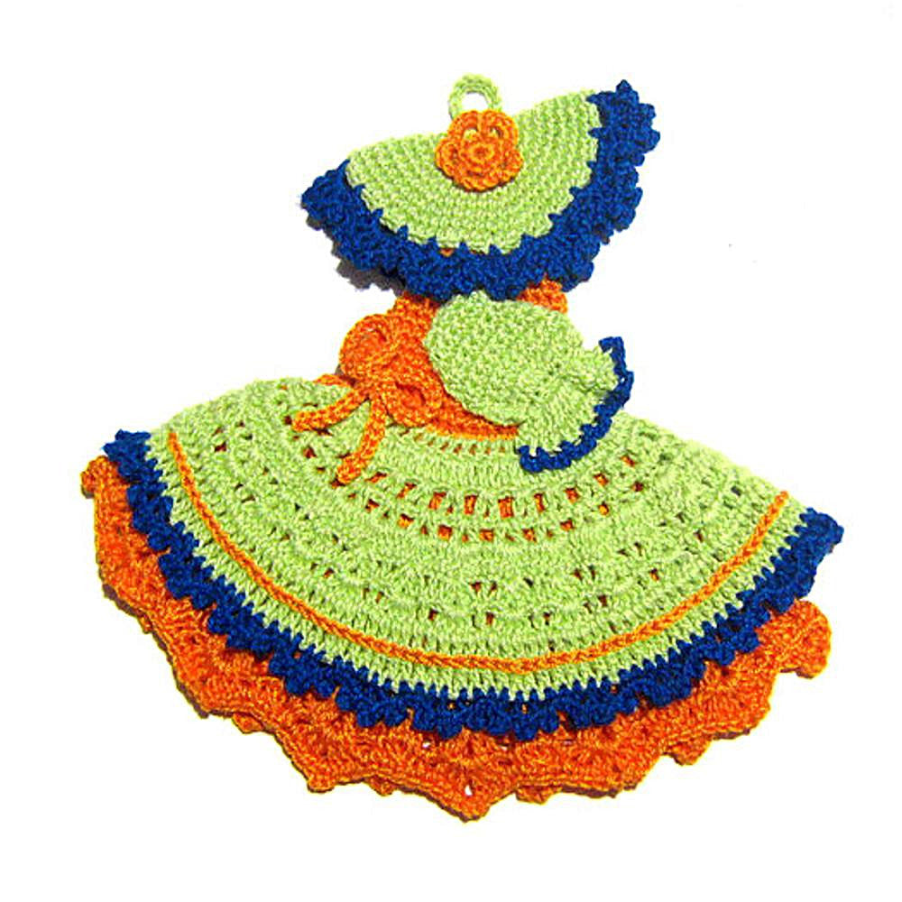 Presina damina verde e arancione ad uncinetto 18x17 cm