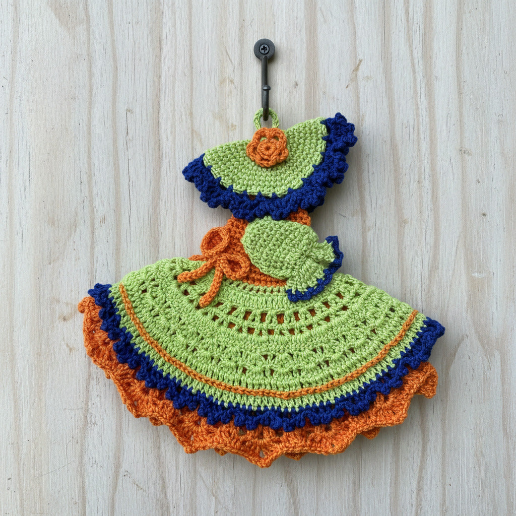 Presina damina verde e arancione ad uncinetto 18x17 cm