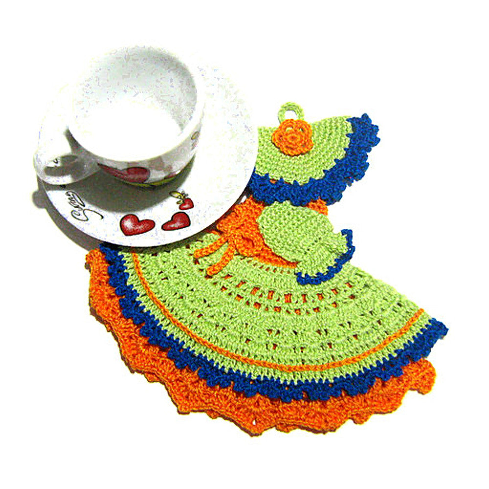 Presina damina verde e arancione ad uncinetto 18x17 cm