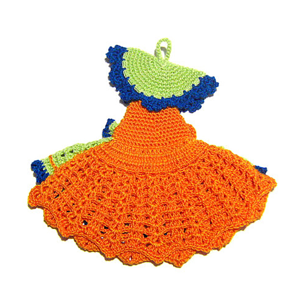 Presina damina verde e arancione ad uncinetto 18x17 cm