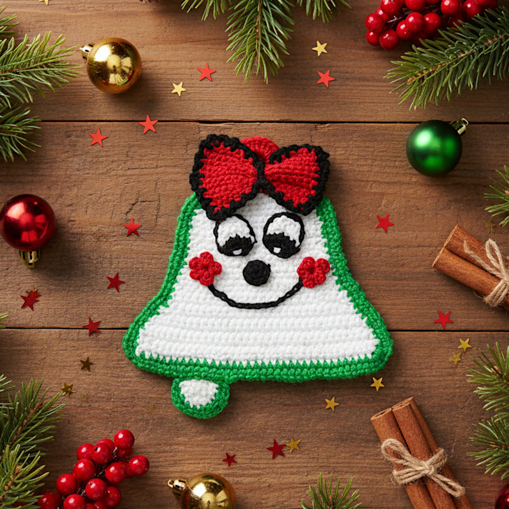 Presina di Natale Campanella con fiocco rosso ad uncinetto 15x16 cm