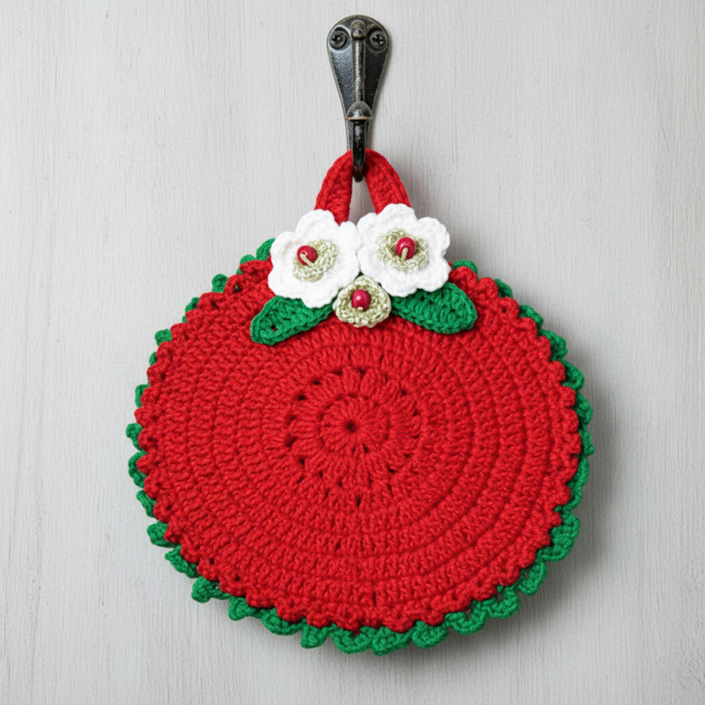 Presina di Natale Rossa e Verde con fiori bianchi ad uncinetto 14 cm