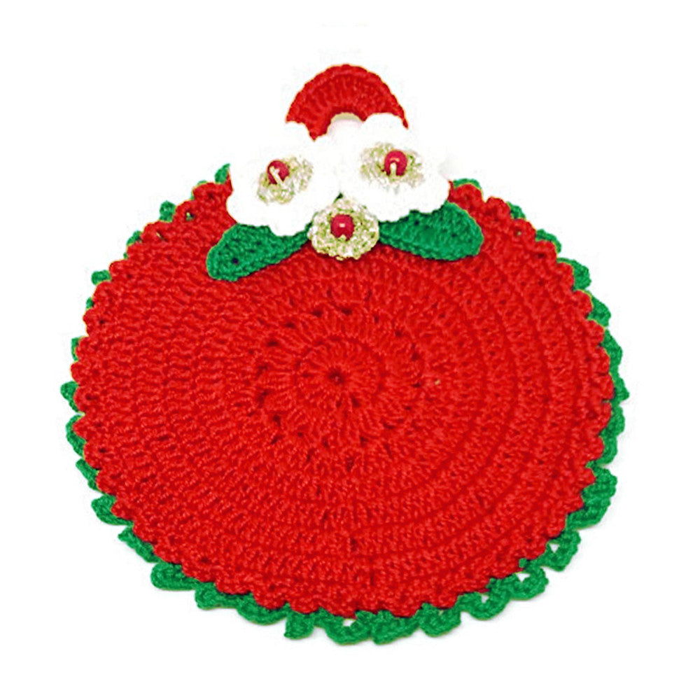 Presina di Natale Rossa e Verde con fiori bianchi ad uncinetto 14 cm