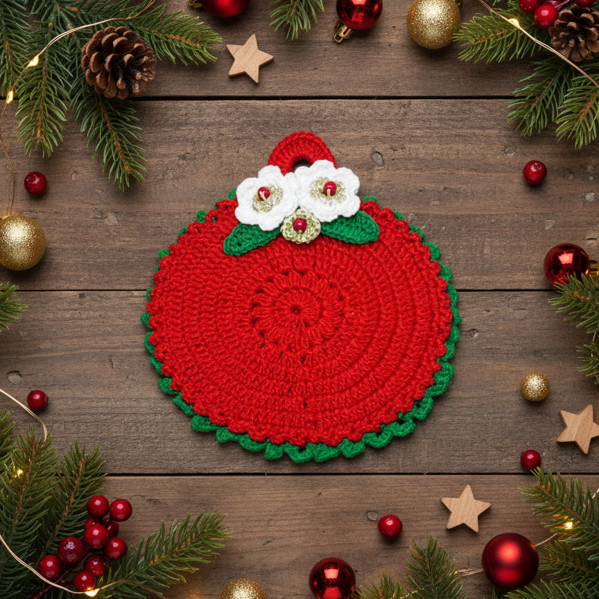 Presina di Natale Rossa e Verde con fiori bianchi ad uncinetto 14 cm