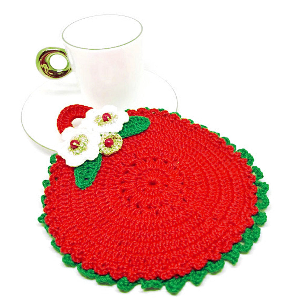 Presina di Natale Rossa e Verde con fiori bianchi ad uncinetto 14 cm