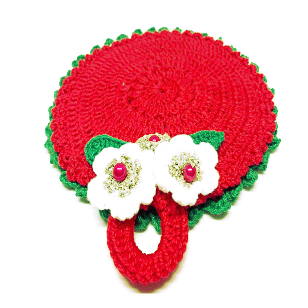 Presina di Natale Rossa e Verde con fiori bianchi ad uncinetto 14 cm