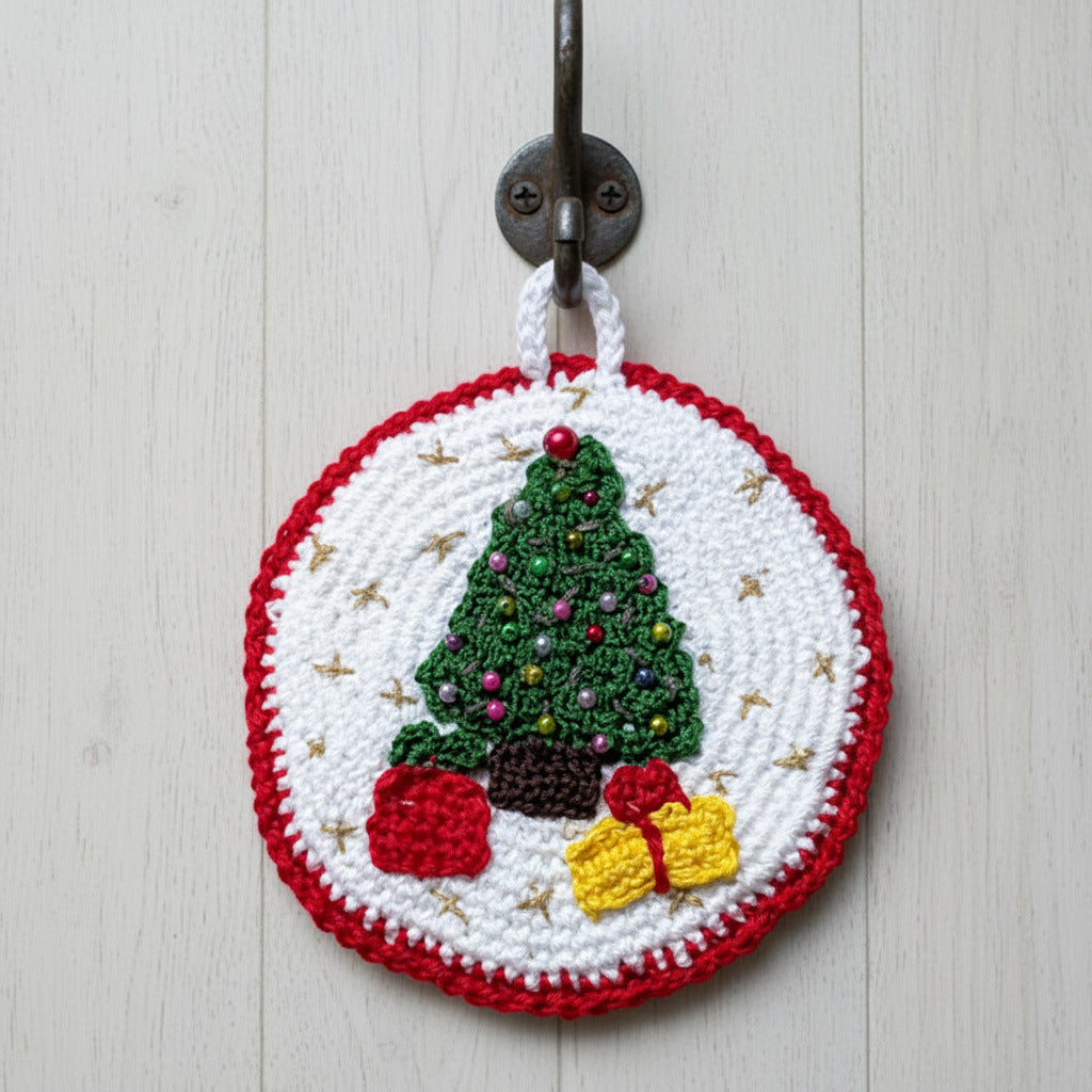 Presina di Natale bianca con alberello ad uncinetto 13.5 cm