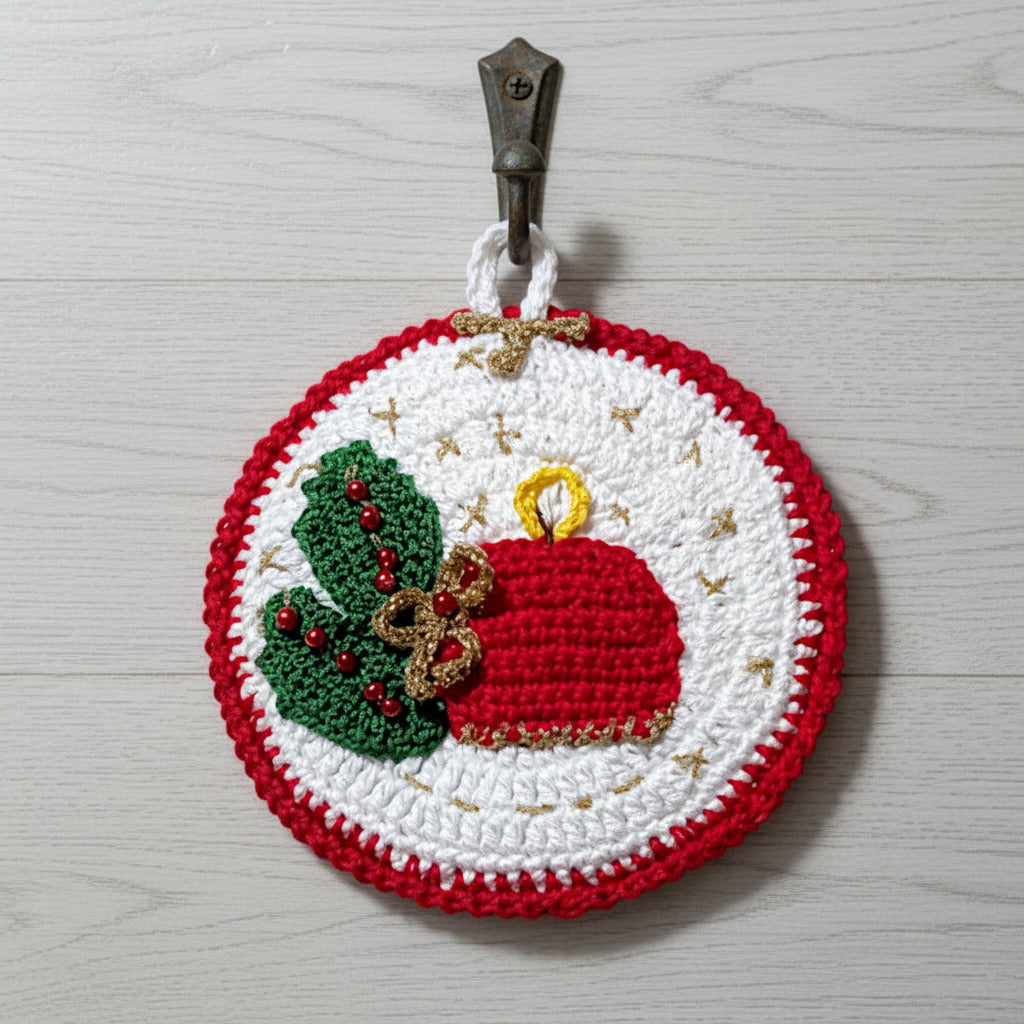 Presina di Natale bianca con candela ad uncinetto 13.5 cm