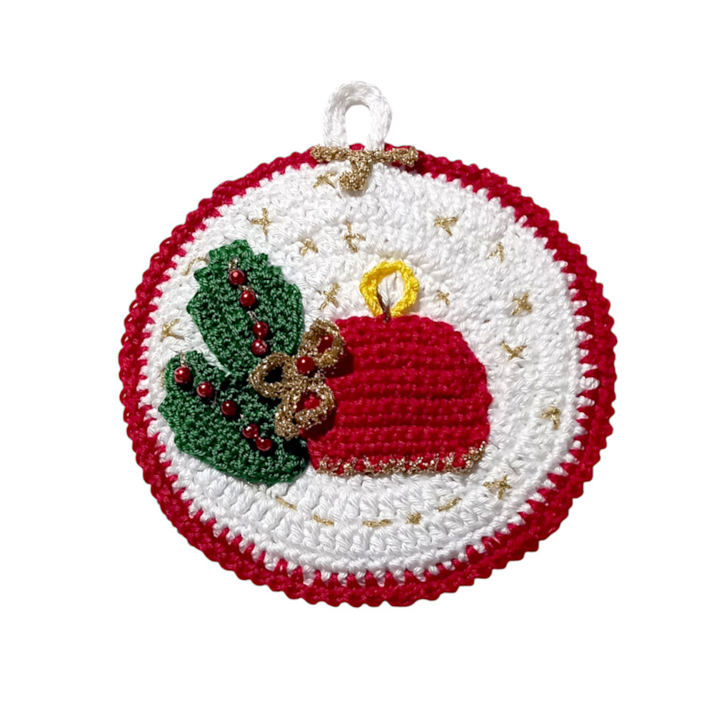 Presina di Natale bianca con candela ad uncinetto 13.5 cm