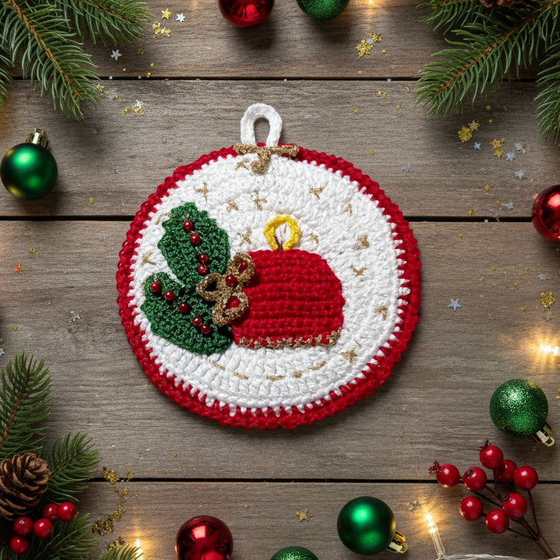 Presina di Natale bianca con candela ad uncinetto 13.5 cm