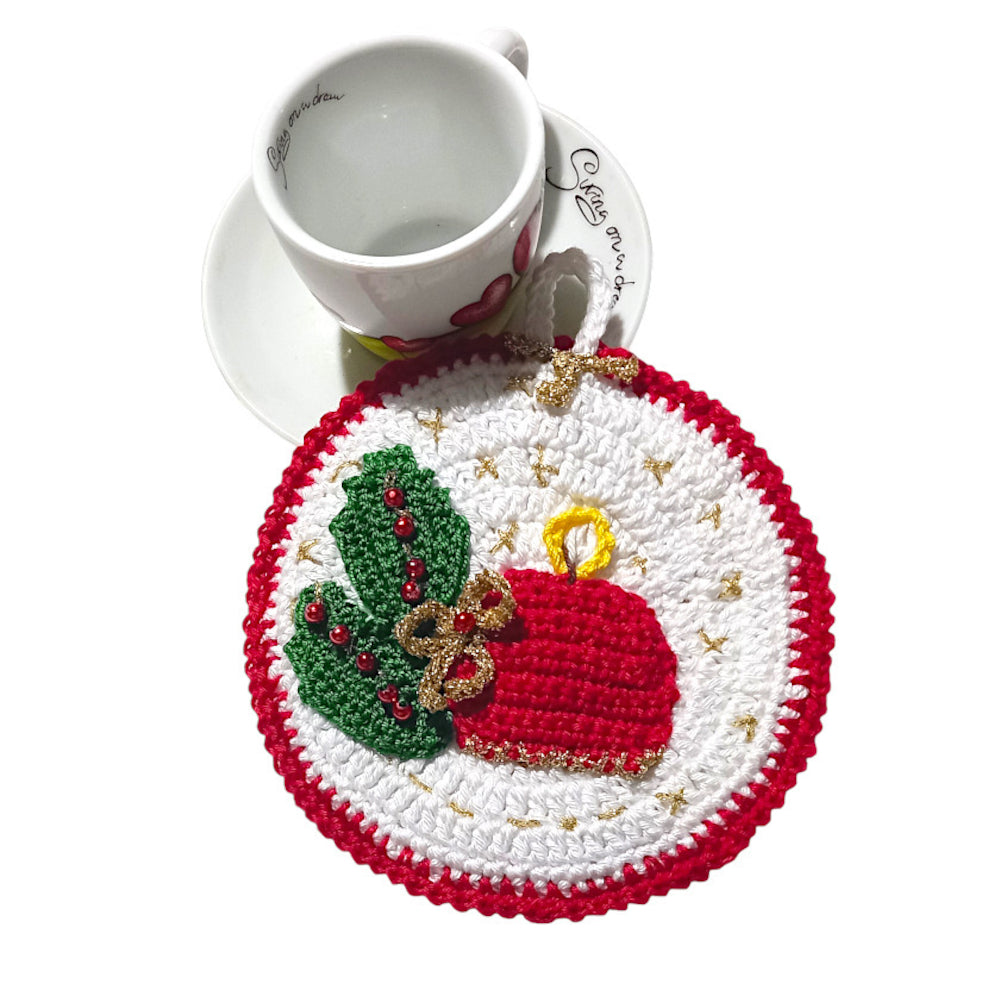 Presina di Natale bianca con candela ad uncinetto 13.5 cm