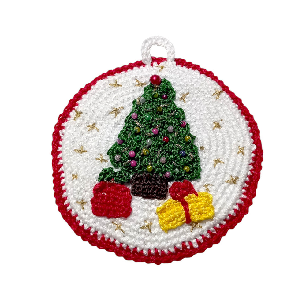 Presina di Natale bianca e rossa con alberello ad uncinetto 13.5 cm