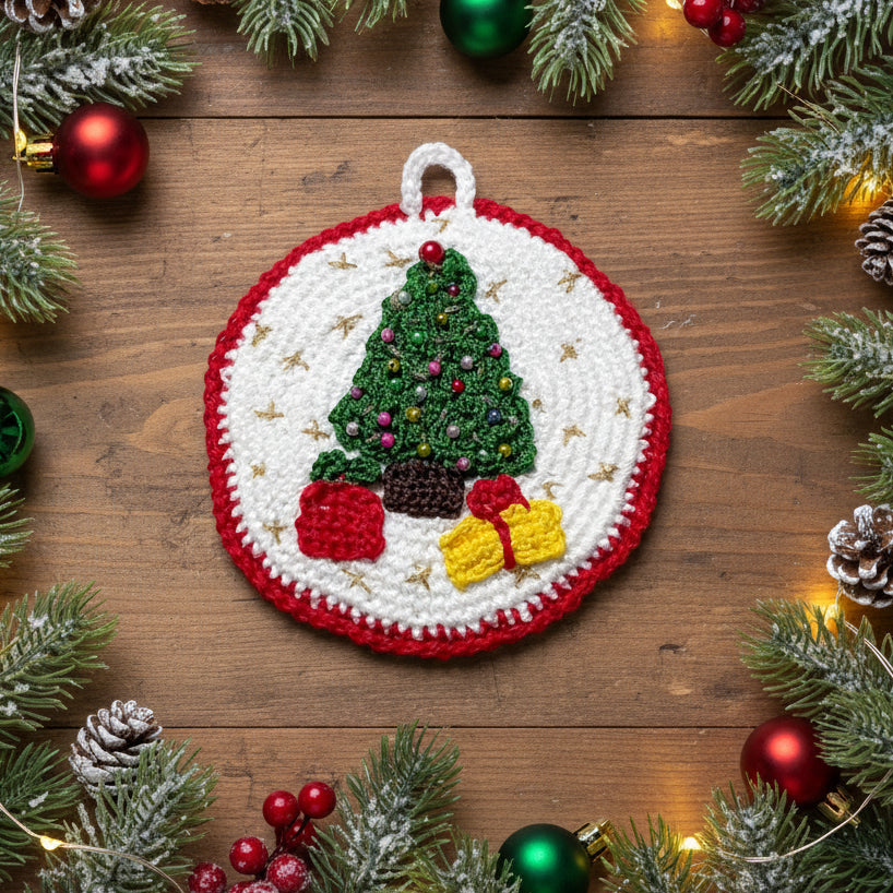 Presina di Natale bianca e rossa con alberello ad uncinetto 13.5 cm