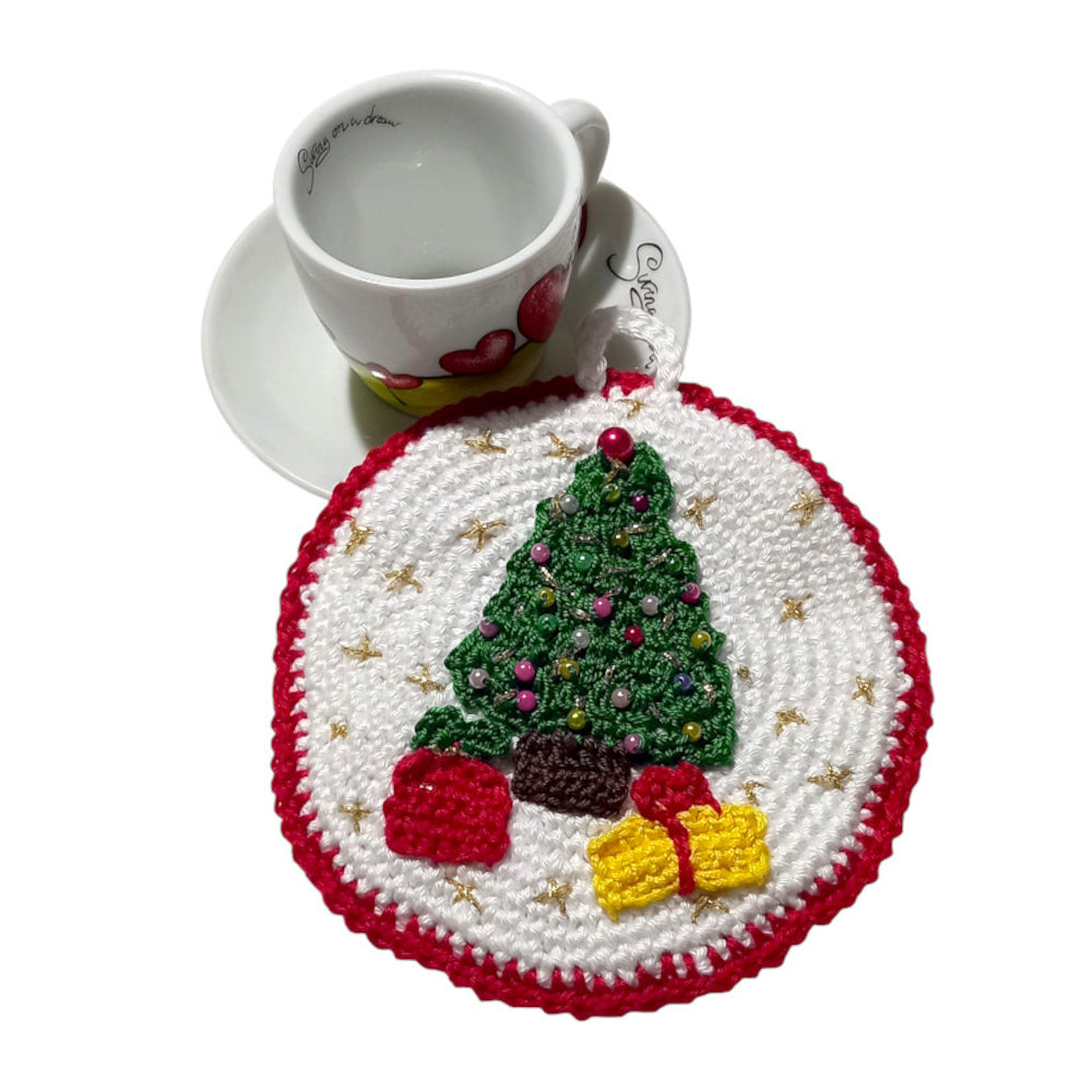 Presina di Natale bianca e rossa con alberello ad uncinetto 13.5 cm