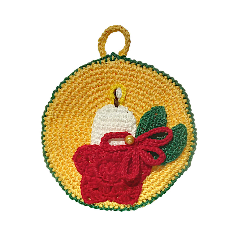 Presina di Natale gialla con candela ad uncinetto 12.5 cm