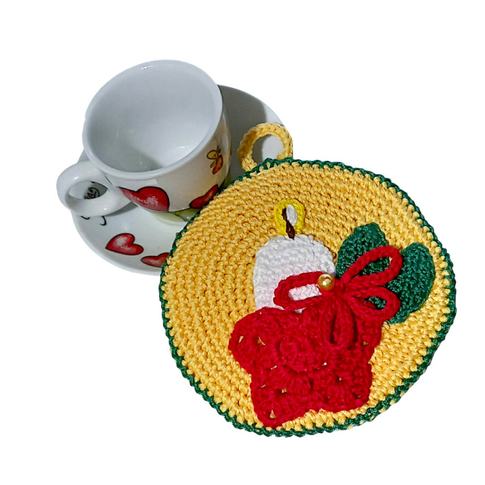 Presina di Natale gialla con candela ad uncinetto 12.5 cm