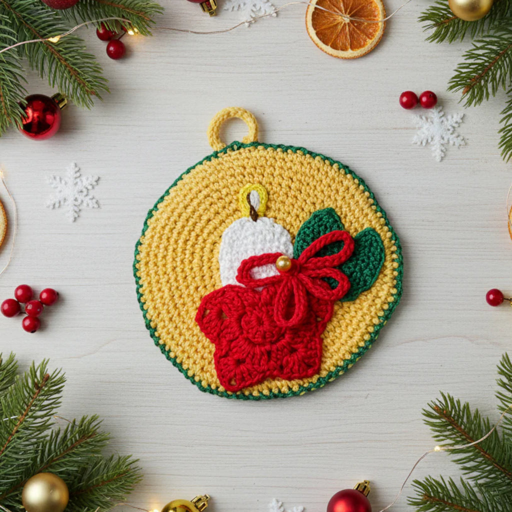 Presina di Natale gialla con candela ad uncinetto 12.5 cm