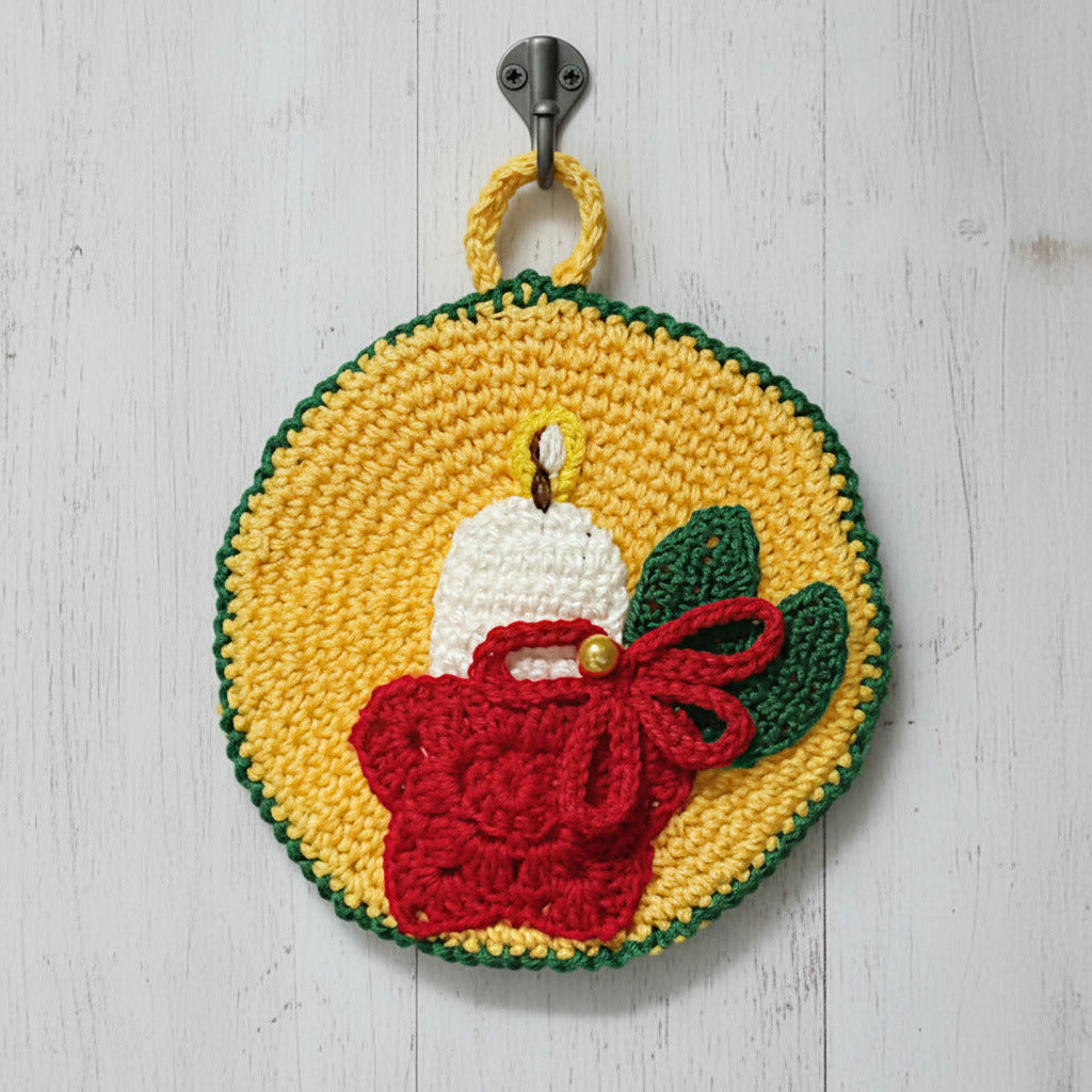 Presina di Natale gialla con candela ad uncinetto 12.5 cm