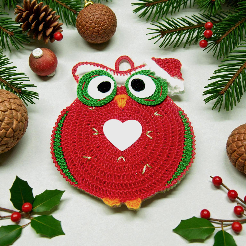 Presina di Natale gufetto rosso ad uncinetto 15x17 cm