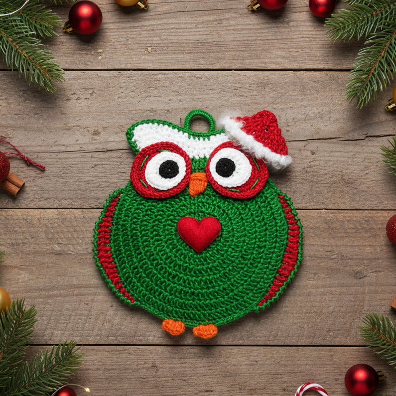 Presina di Natale gufetto verde ad uncinetto 15x17 cm