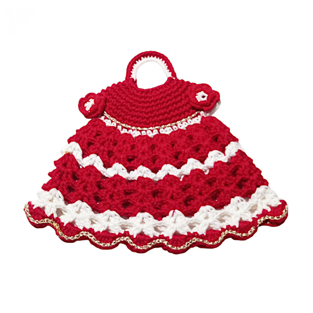 Presina di Natale vestitino rosso e bianco ad uncinetto 19x16.5 cm