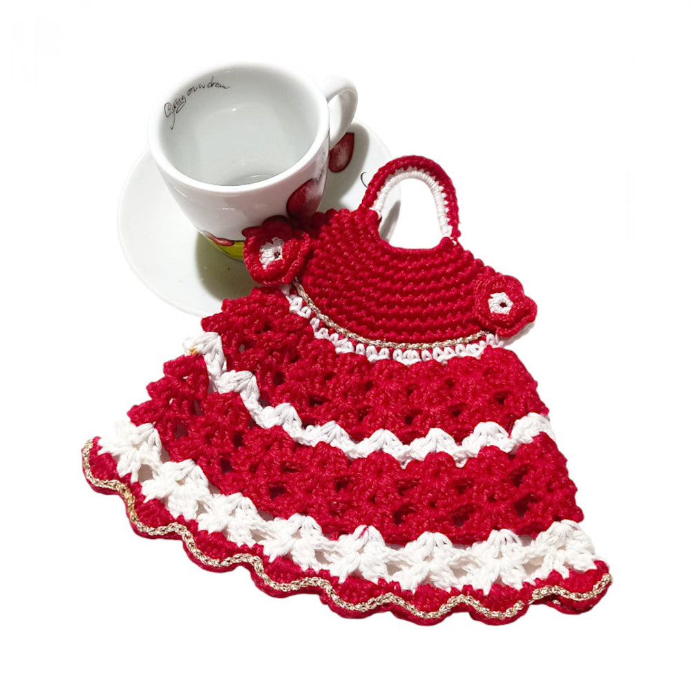 Presina di Natale vestitino rosso e bianco ad uncinetto 19x16.5 cm