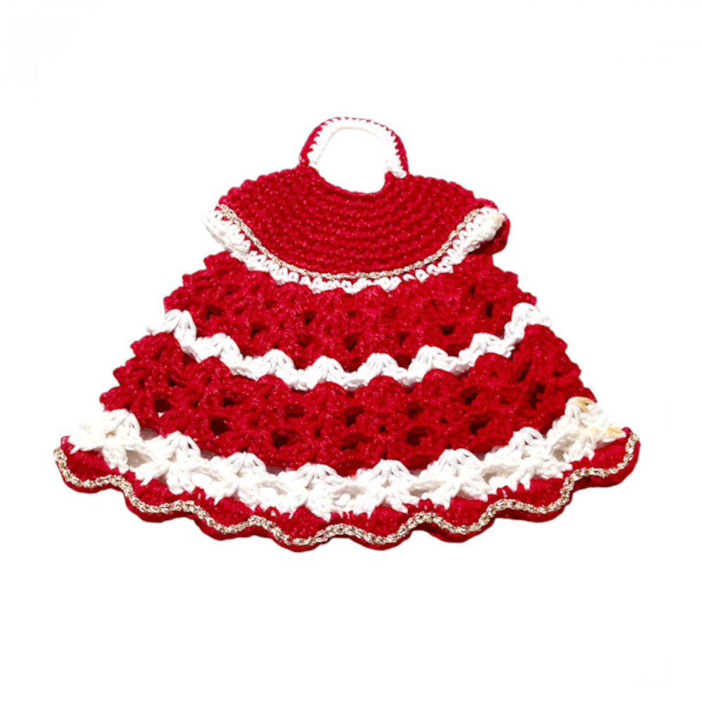 Presina di Natale vestitino rosso e bianco ad uncinetto 19x16.5 cm