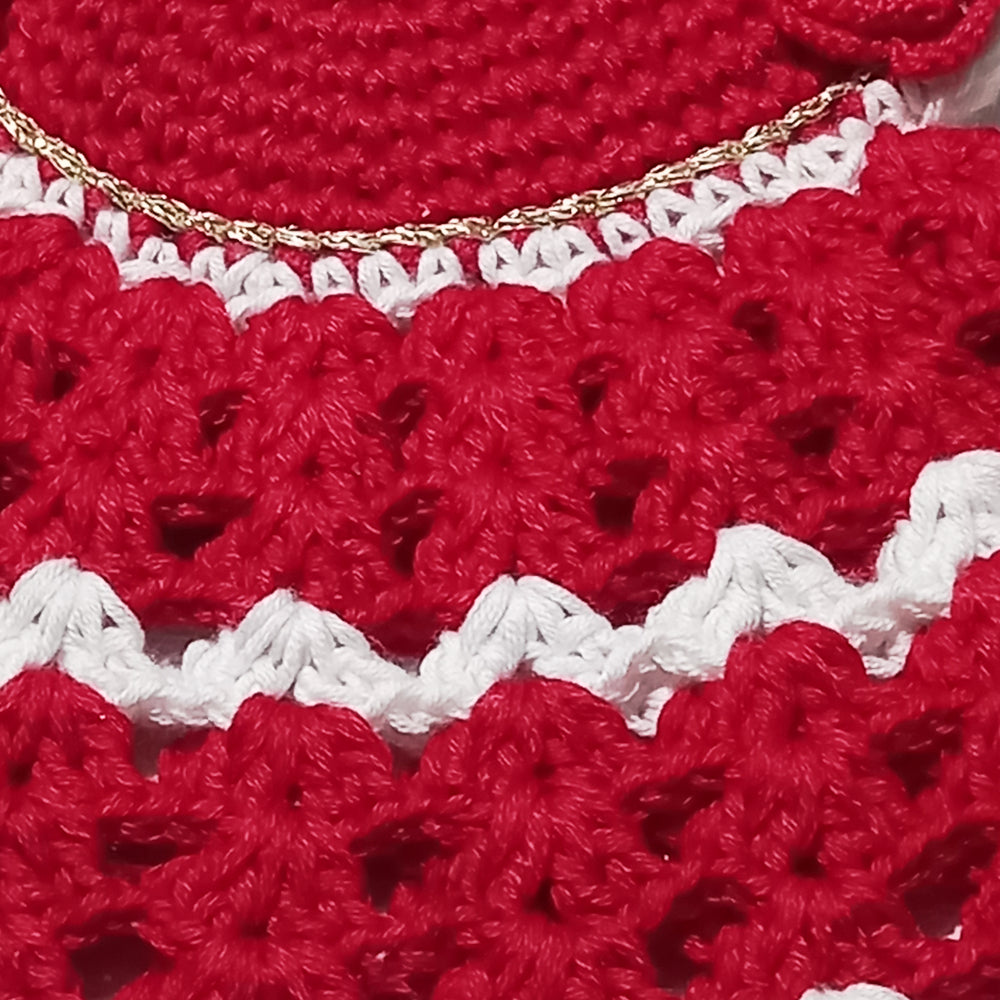 Presina di Natale vestitino rosso e bianco ad uncinetto 19x16.5 cm