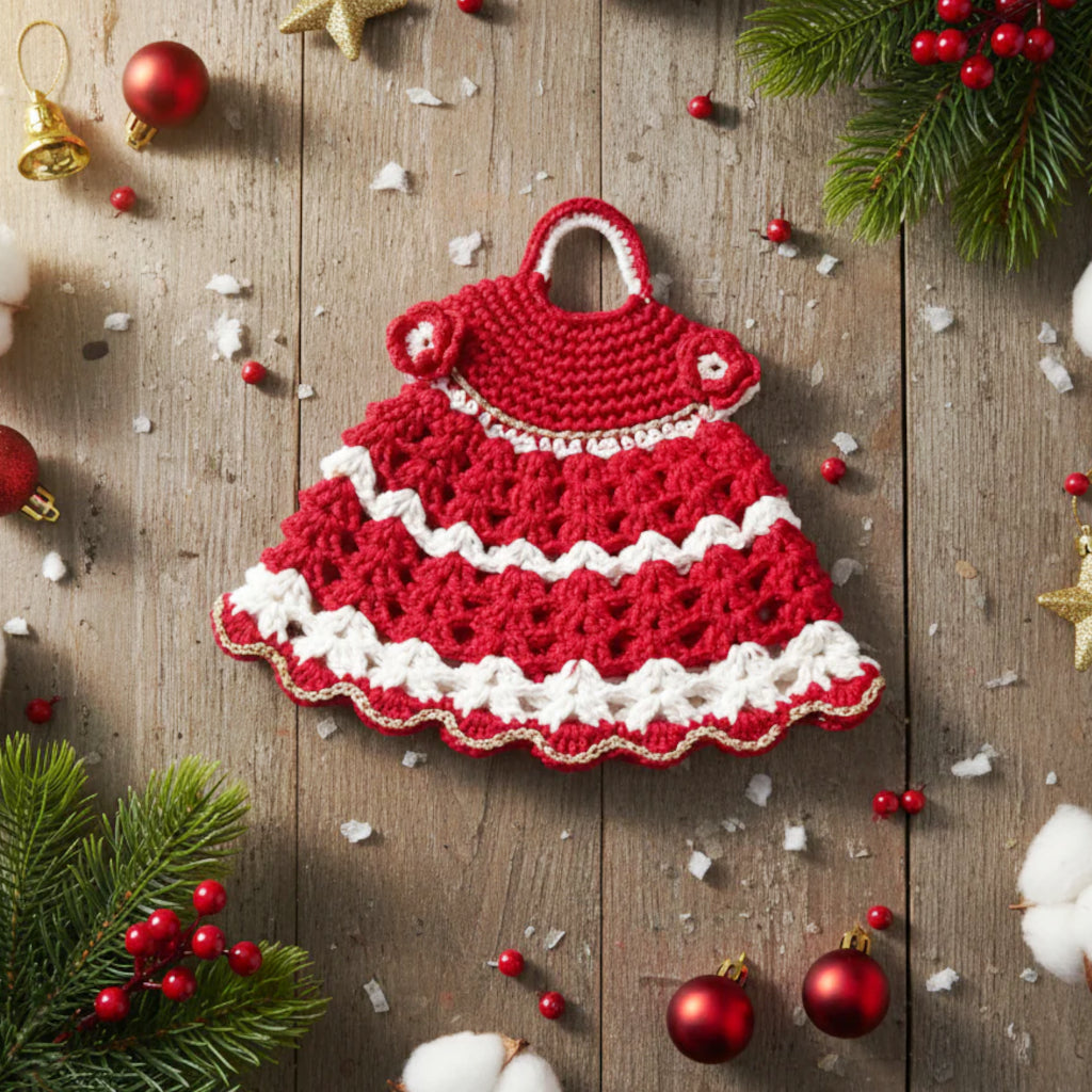Presina di Natale vestitino rosso e bianco ad uncinetto 19x16.5 cm