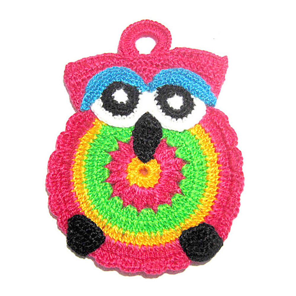 Presina fucsia a forma di gufetto ad uncinetto 13x18.5 cm